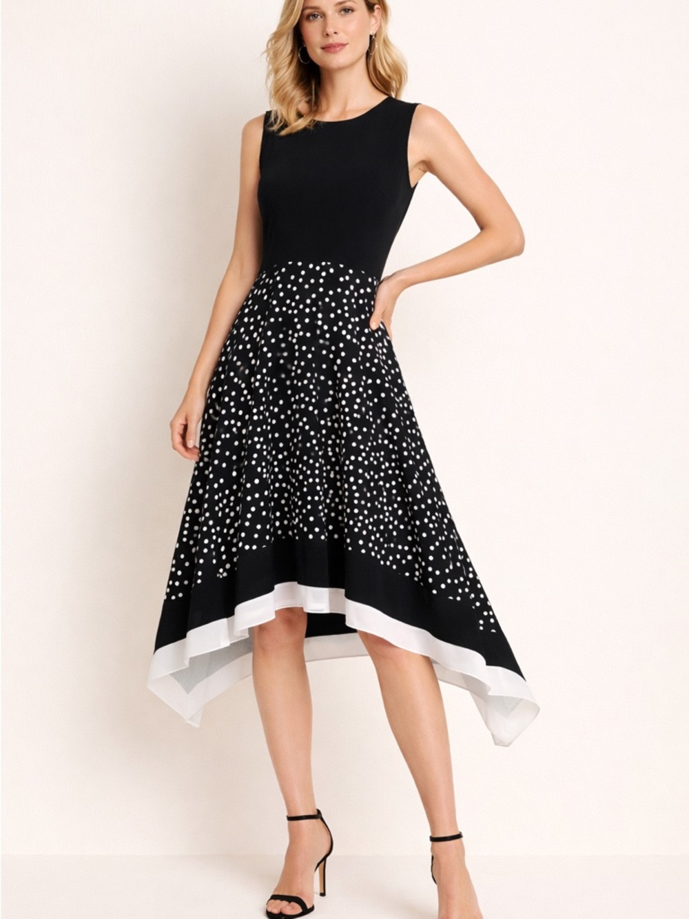 Joseph Ribkoff Black & White Polka Dot Handkerchief Hem Dress Quiet luxury Sz 4